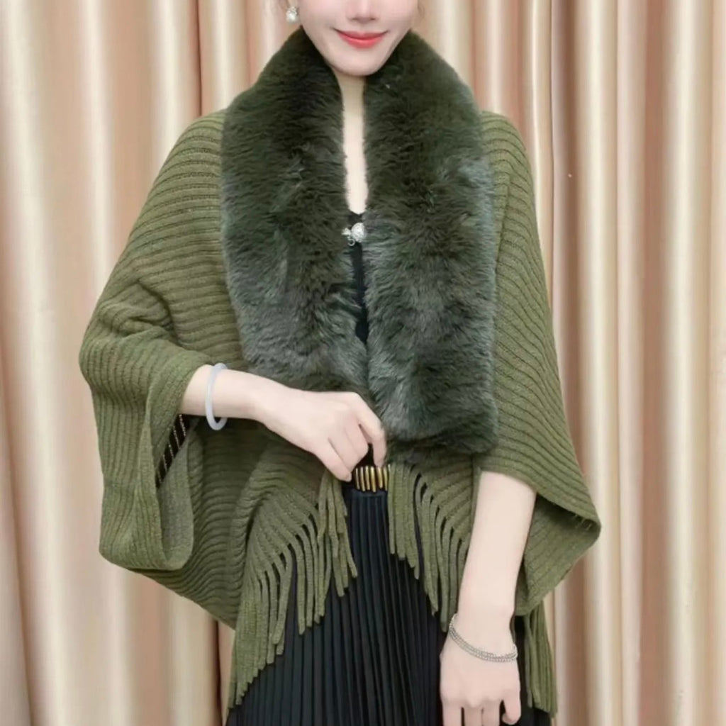 Knitted Fringed Fur-Neck Shawl marnetic