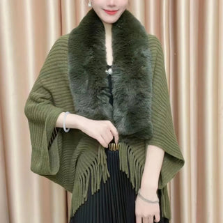 Knitted Fringed Fur-Neck Shawl marnetic