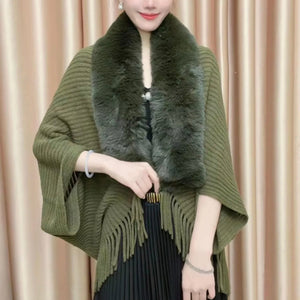 Knitted Fringed Fur-Neck Shawl marnetic