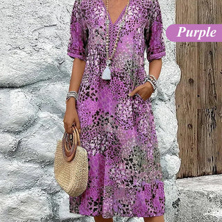 LinenAura – Elegant Printed Linen Cotton Midi Dress