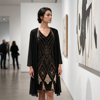 GraceLuxe – Elegant V-Neck Dress & Sheer Jacket Set
