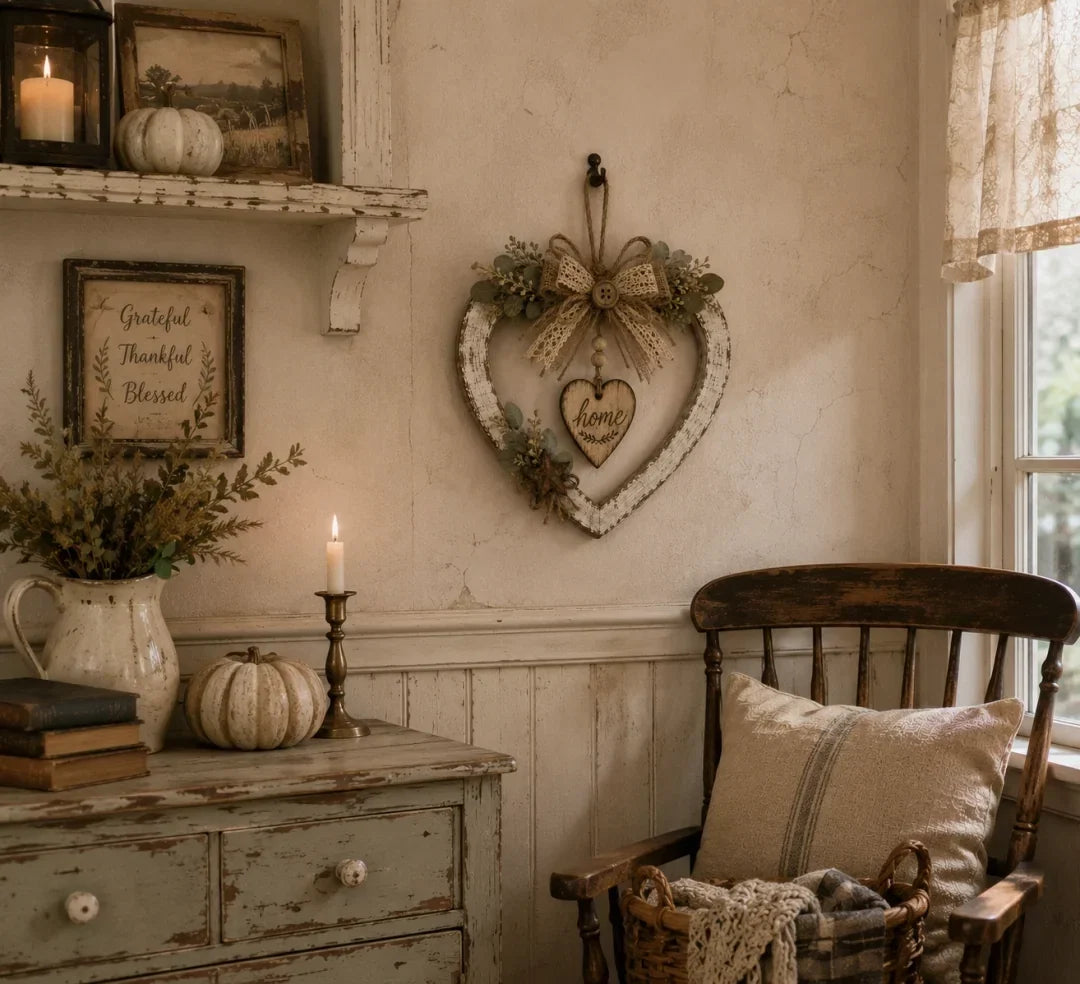HearthBloom – Rustic Farmhouse Home Heart Wreath