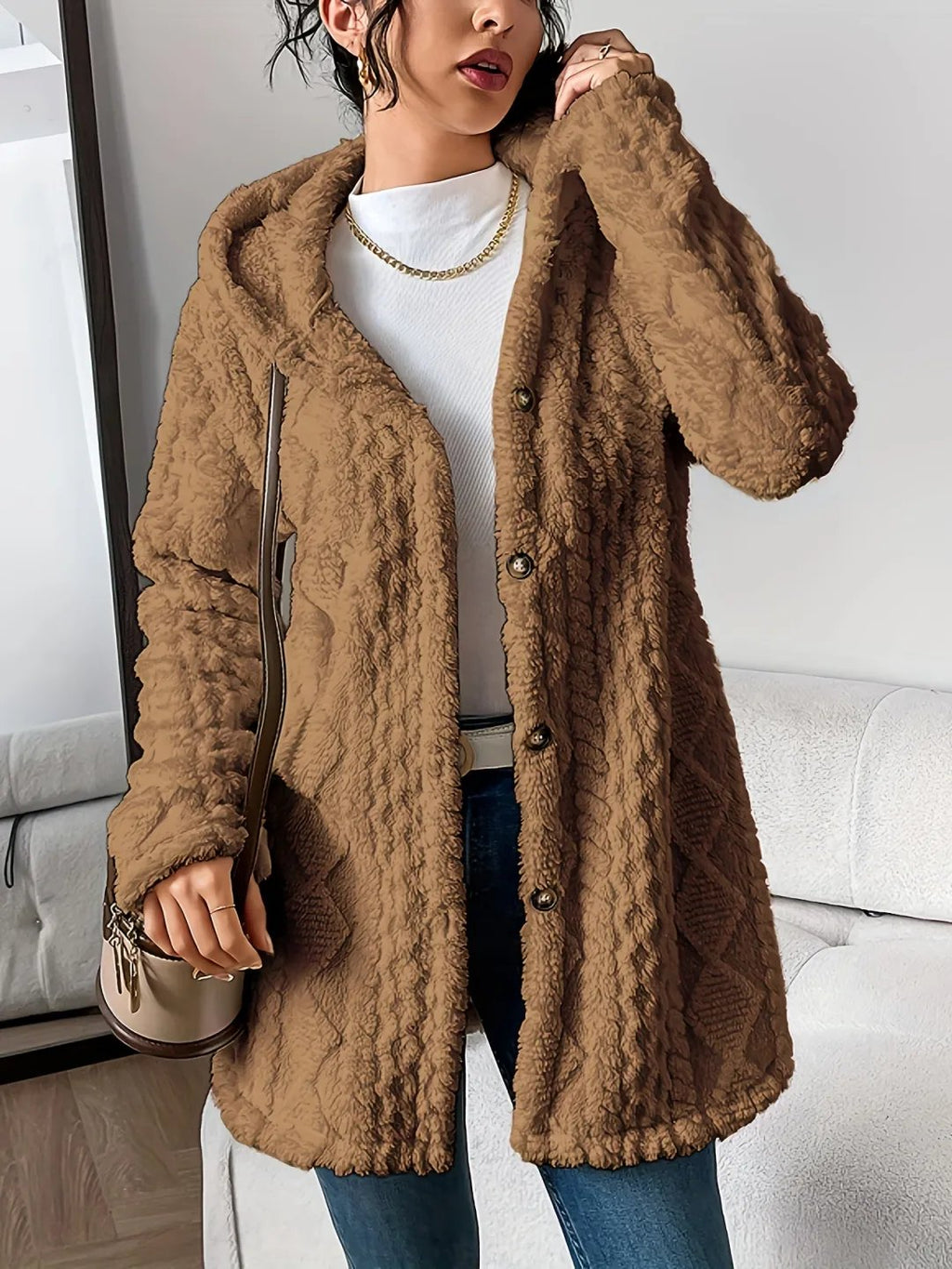 ⏰Hot Sale-Womens Fuzzy Fleece Button Down Jacket Hooded Open Front Cardigan Sweater(BUY 2 FREE SHIPPING)