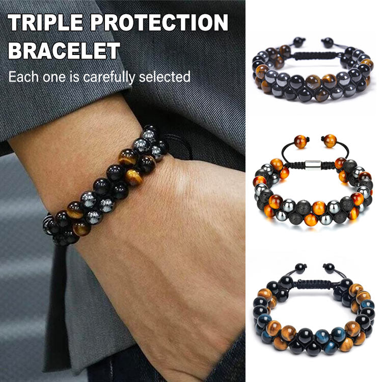 Triple Protection Bracelet-Natural Tigers Eye Black Agate And Hematite - Adjustable, with jewelry box, 1 year warranty