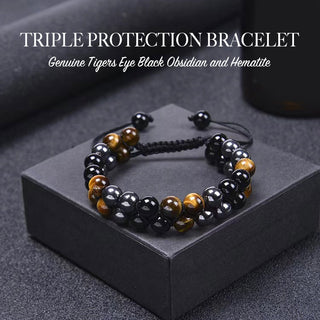 Triple Protection Bracelet-Natural Tigers Eye Black Agate And Hematite - Adjustable, with jewelry box, 1 year warranty