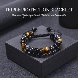 Triple Protection Bracelet-Natural Tigers Eye Black Agate And Hematite - Adjustable, with jewelry box, 1 year warranty