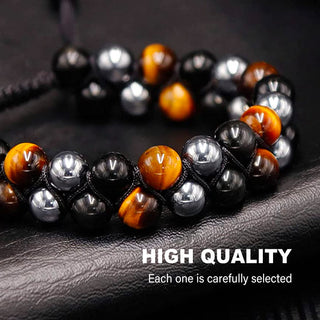 Triple Protection Bracelet-Natural Tigers Eye Black Agate And Hematite - Adjustable, with jewelry box, 1 year warranty