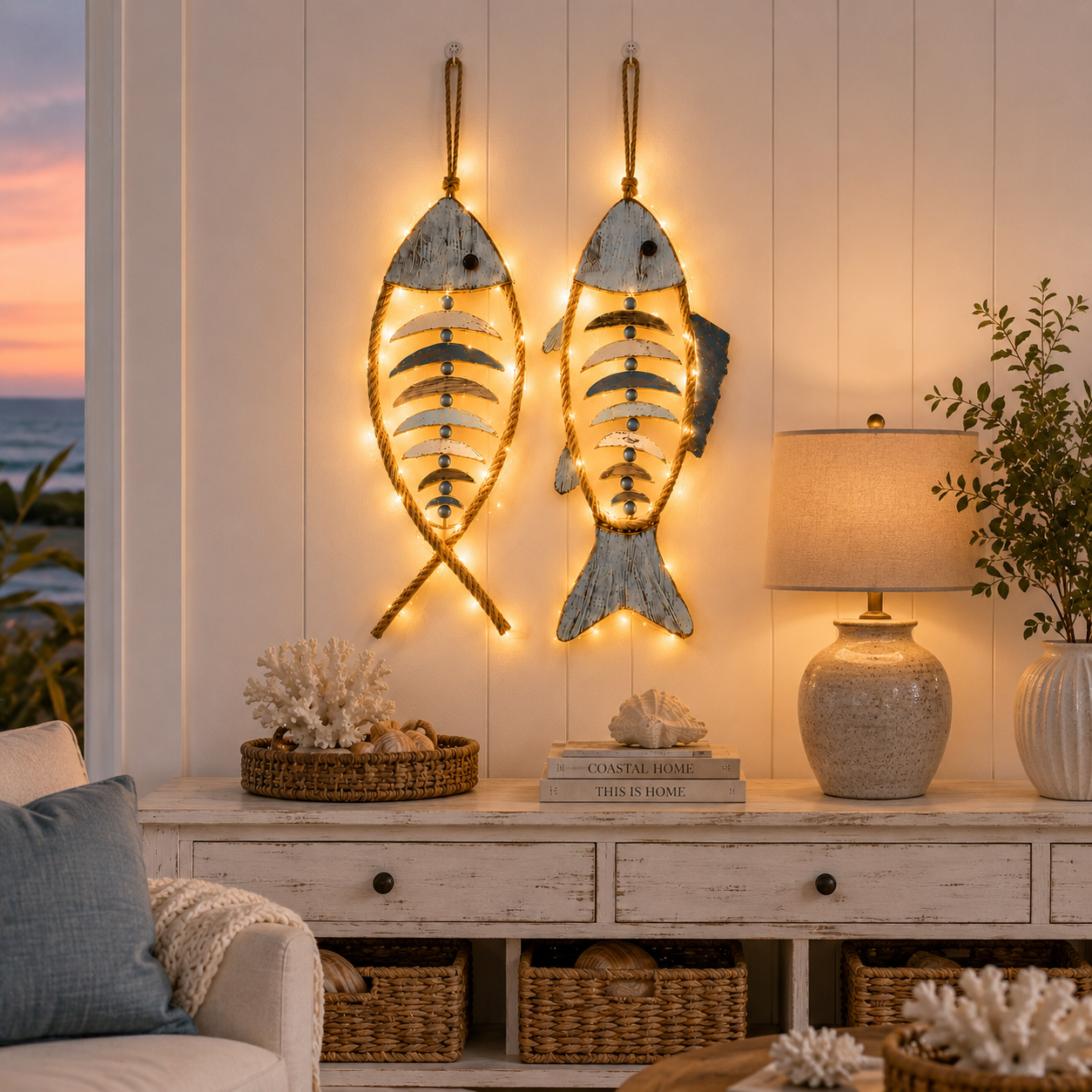 HarborCharm  – Illuminated Driftwood Fish Wall Art