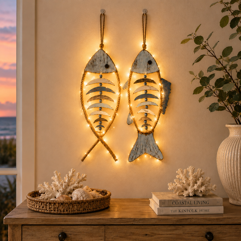 HarborCharm  – Illuminated Driftwood Fish Wall Art