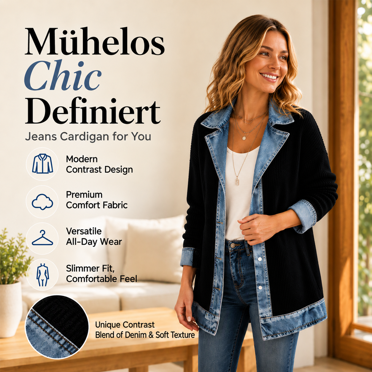 DenimAura – Refined Women's Ribbed Detail Denim Coat