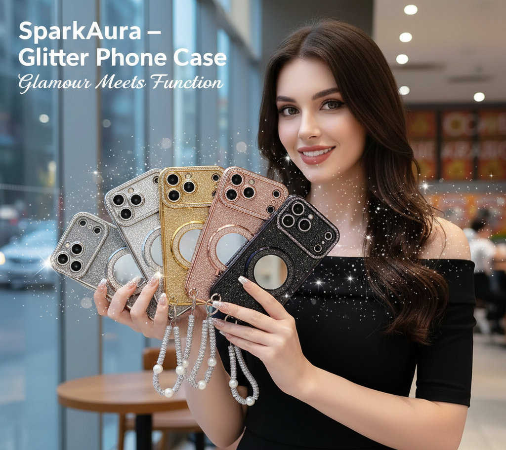 SparkAura – Glitter Phone Case with Mirror & Stand