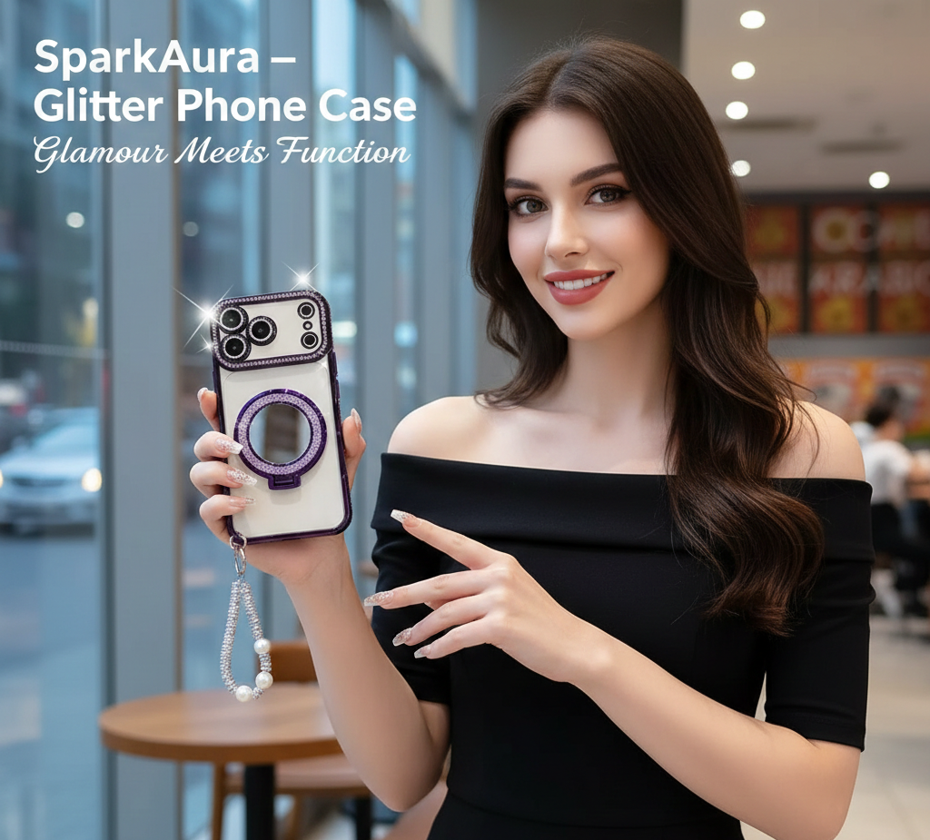 SparkAura – Glitter Phone Case with Mirror & Stand