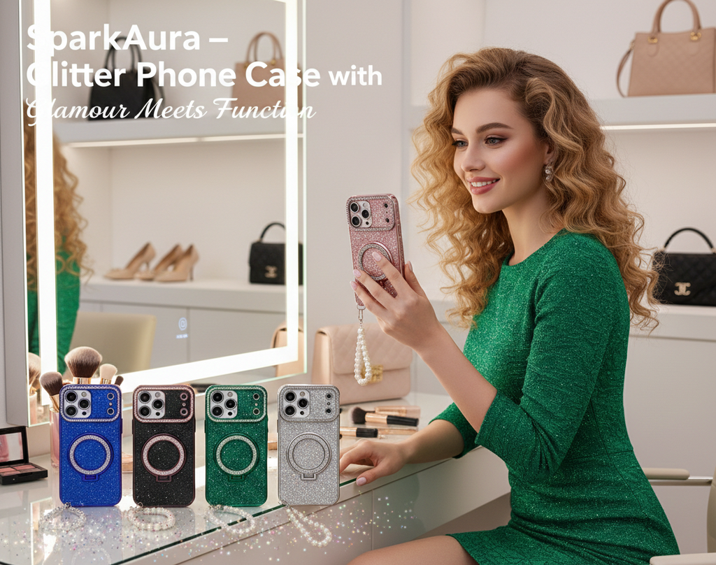 SparkAura – Glitter Phone Case with Mirror & Stand