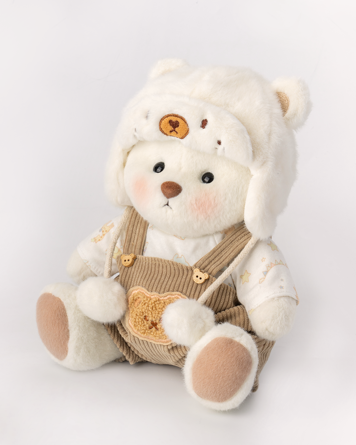 Getahug White Mink Hat Brown Overalls Bear | Handmade Jointed Teddy Bear Gift