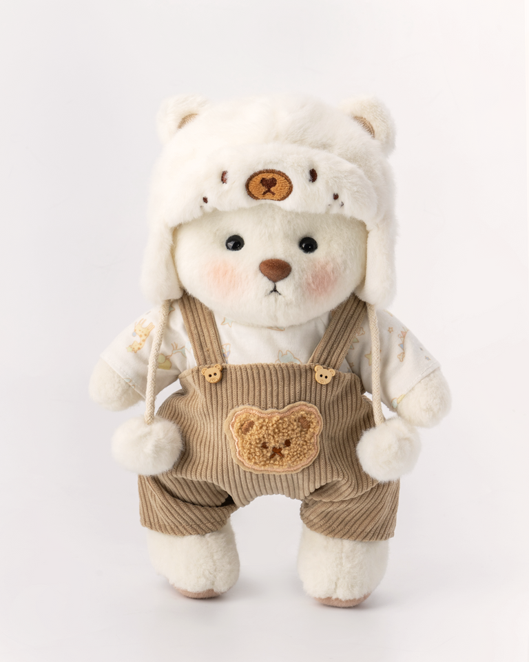 Getahug White Mink Hat Brown Overalls Bear | Handmade Jointed Teddy Bear Gift