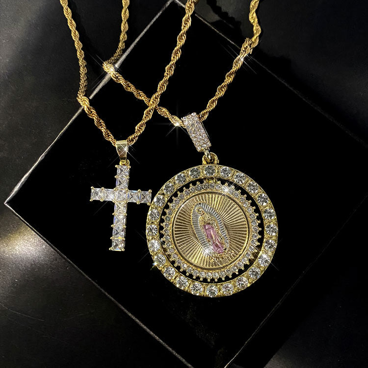 Easter Sale - Full Diamond Cross Birheng Maria Necklace - Free Custom Jewelry Box