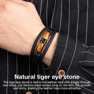 Tiger Eye Leather Braided Bracelet - Bring wealth and good luck, drive away negative energy. Stabilize emotions, reduce anxiety - Buy now get free jewelry box