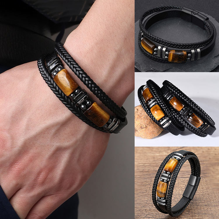 Tiger Eye Leather Braided Bracelet - Bring wealth and good luck, drive away negative energy. Stabilize emotions, reduce anxiety - Buy now get free jewelry box