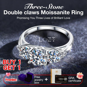 Mothers Day Promotion - Three-Stone Double claws Moissanite Ring - One-Year Warranty - Comes with a Free Jewelry Box