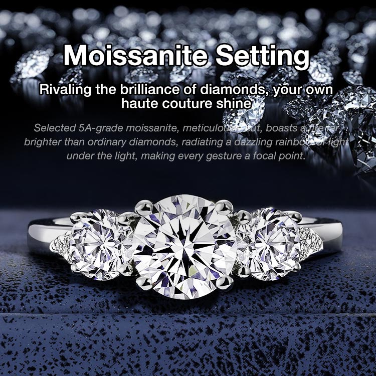 Mothers Day Promotion - Three-Stone Double claws Moissanite Ring - One-Year Warranty - Comes with a Free Jewelry Box