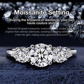 Mothers Day Promotion - Three-Stone Double claws Moissanite Ring - One-Year Warranty - Comes with a Free Jewelry Box