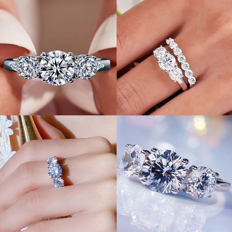 Mothers Day Promotion - Three-Stone Double claws Moissanite Ring - One-Year Warranty - Comes with a Free Jewelry Box