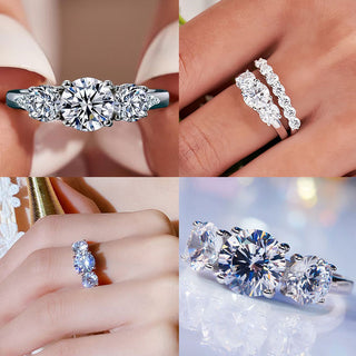 Mothers Day Promotion - Three-Stone Double claws Moissanite Ring - One-Year Warranty - Comes with a Free Jewelry Box