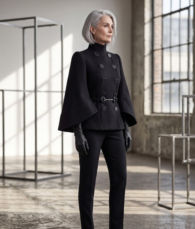 VistaElegant – Solid Double Breasted High Neck Coat