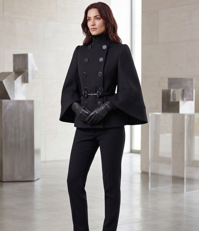 VistaElegant – Solid Double Breasted High Neck Coat