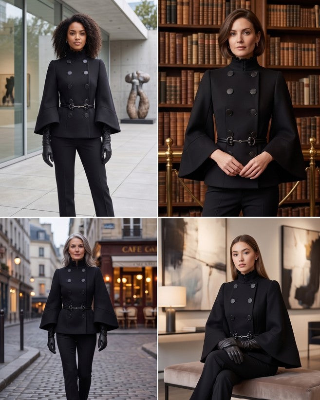 VistaElegant – Solid Double Breasted High Neck Coat