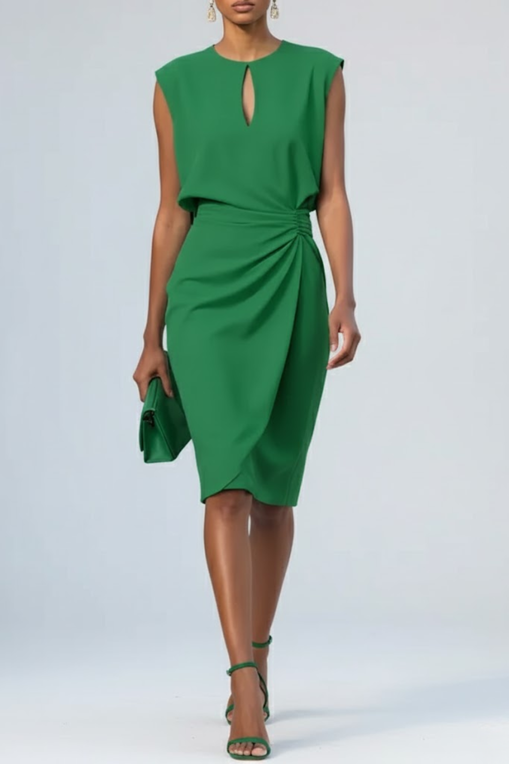 Elegantes Midi-Etuidress mit strukturierter Schulterpartie und Taillen-Raffung – Figurschmeichelndes Kleid mit Tröpfchen-Ausschnitt