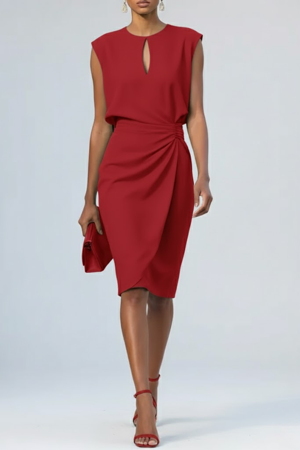 Elegantes Midi-Etuidress mit strukturierter Schulterpartie und Taillen-Raffung – Figurschmeichelndes Kleid mit Tröpfchen-Ausschnitt