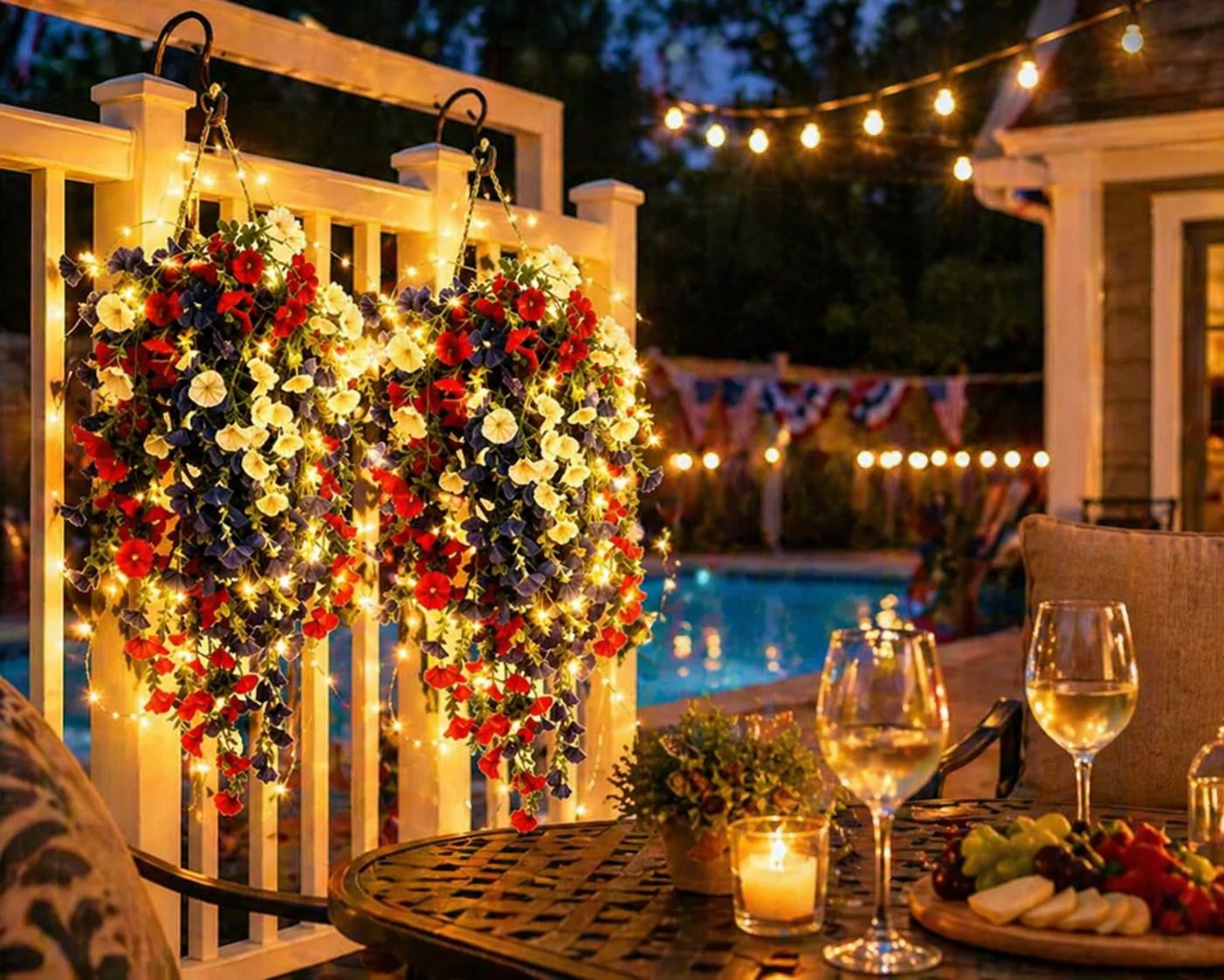 🎉Patriotic Hanging Flower Baskets 🔴⚪🔵 - Artificial Outdoor Decor, No Maintenance