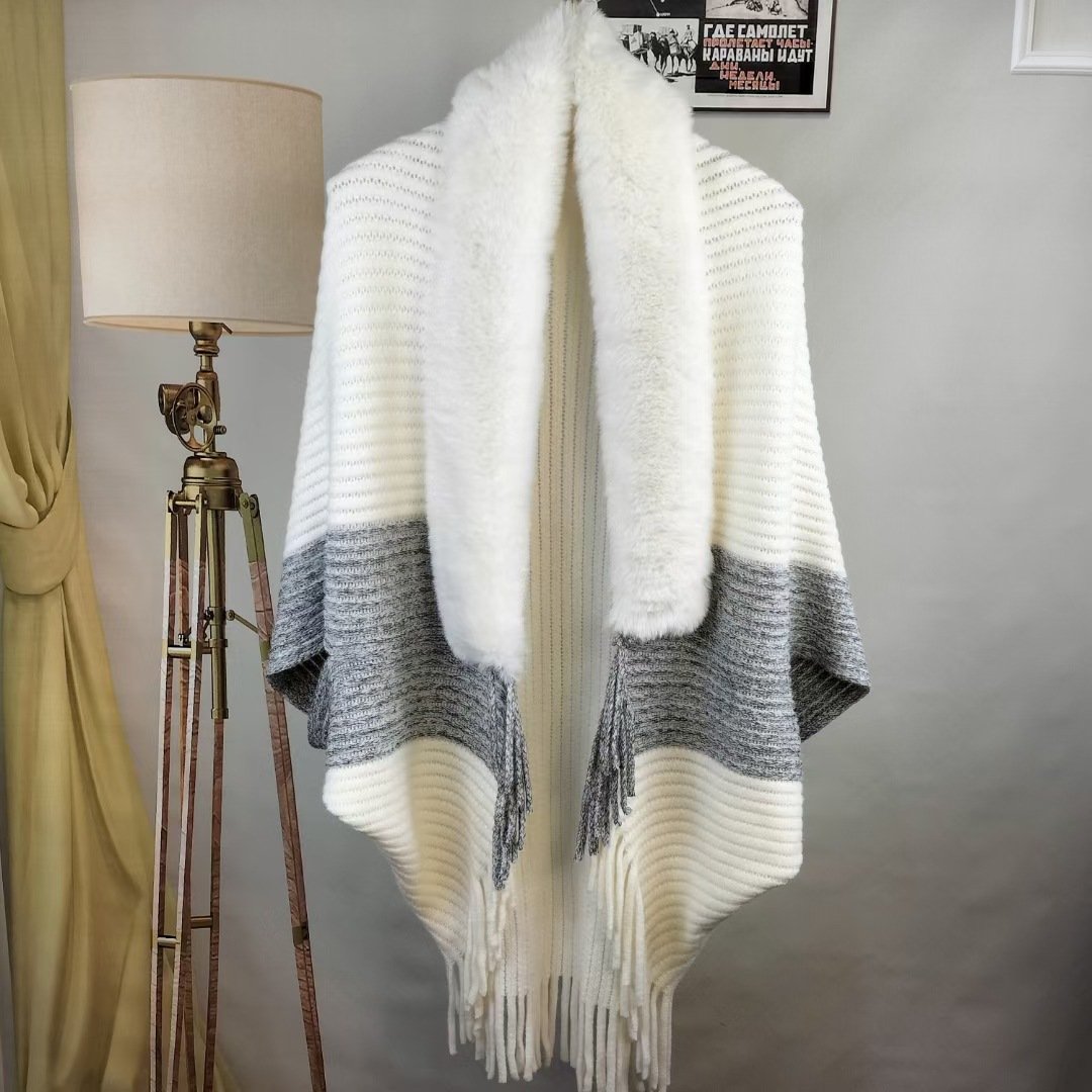 Knitted Fringed Fur-Neck Shawl marnetic