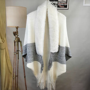 Knitted Fringed Fur-Neck Shawl marnetic