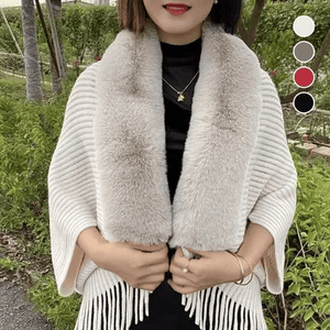 Knitted Fringed Fur-Neck Shawl marnetic
