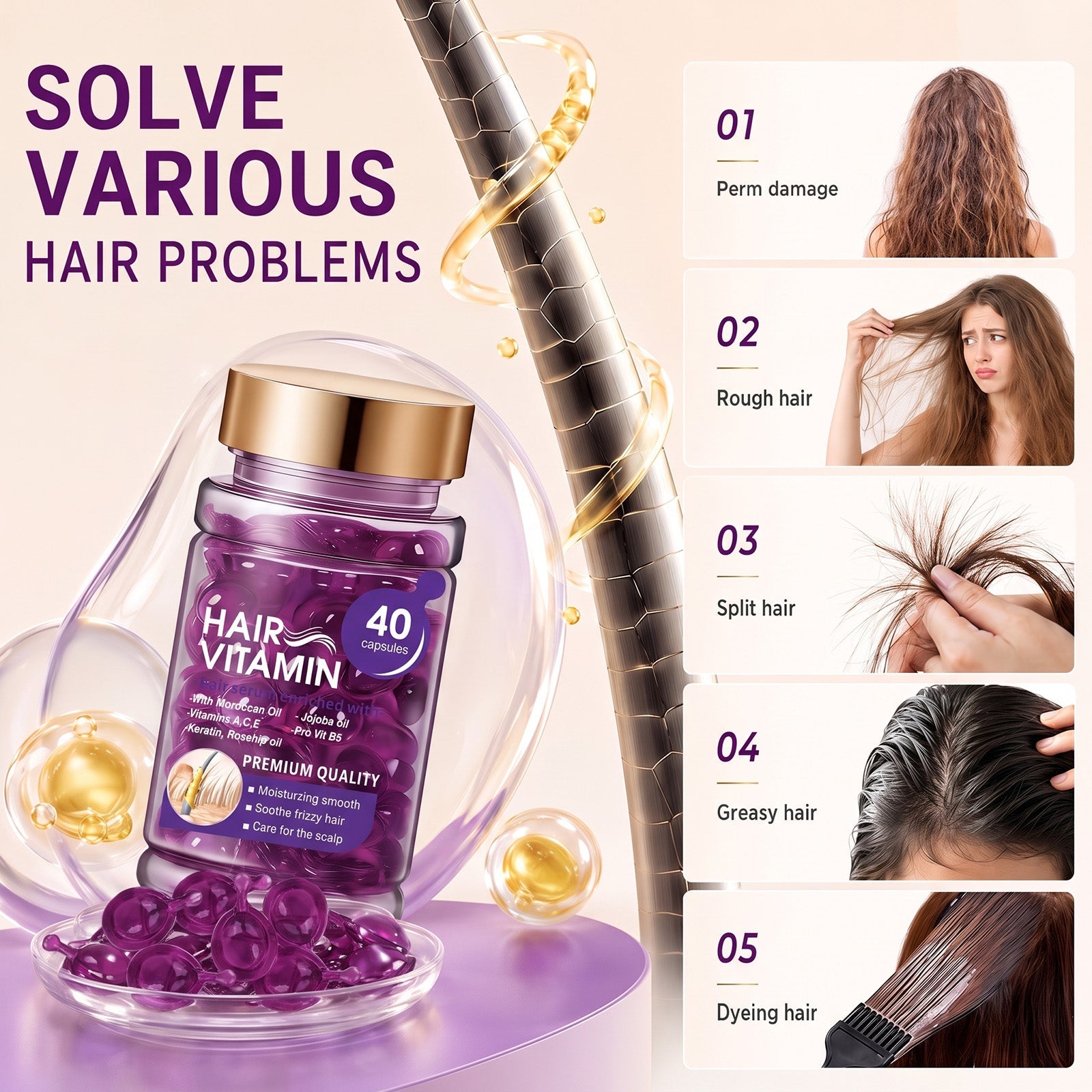 Hair Vitamin Capsules Infused with Violet Vitamins & Argan Oil for Color-Treated & Permed Hair Smooths Frizz Restores Silkiness & Shine 40 Capsules.