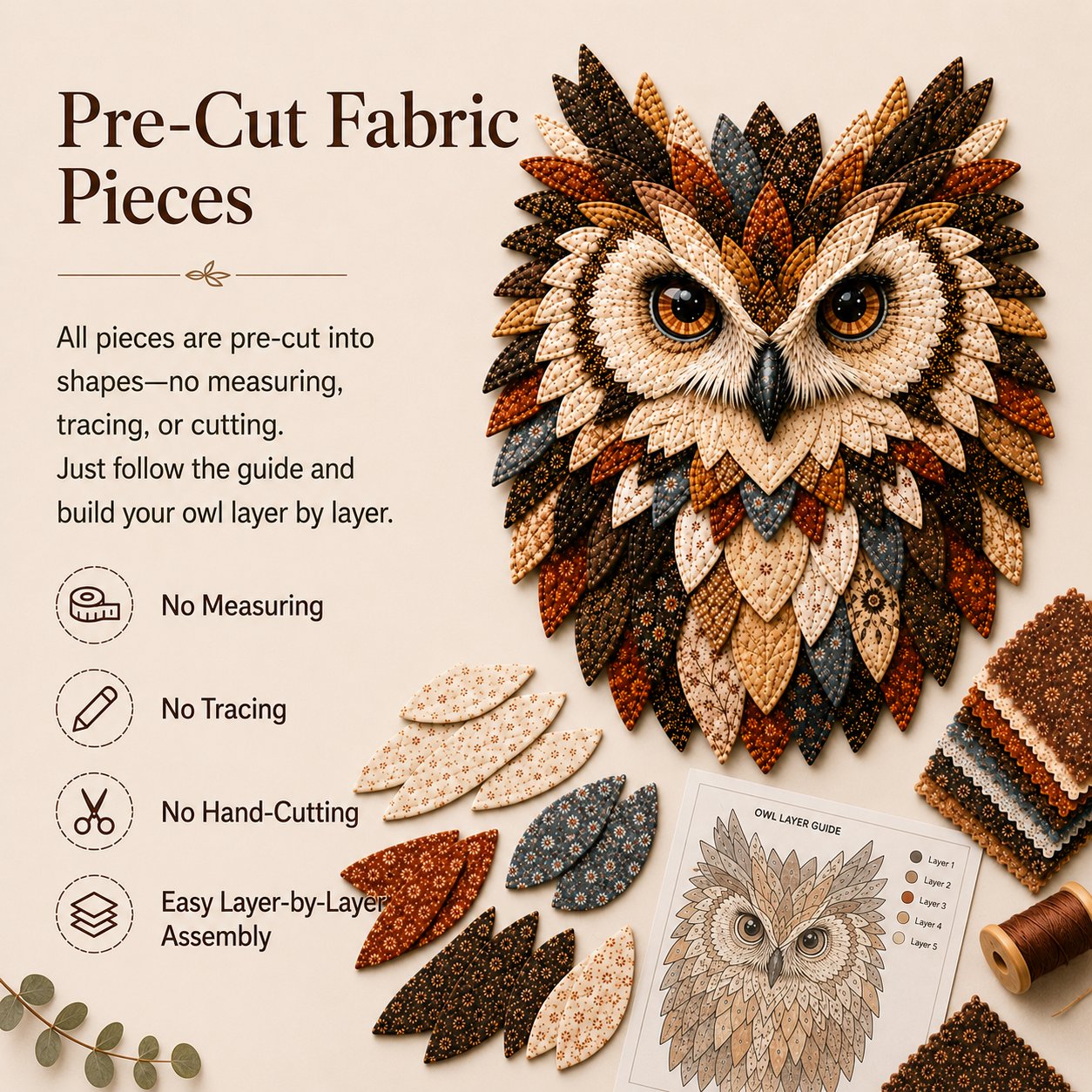 💥 LAST DAY 49% OFF - 🦉 Layered Fabric Owl Wall Art DIY Kit – Complete Kit Included ✂ Pre-Cut Pieces • Glue or Stitch Your Way
