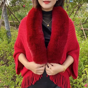 Knitted Fringed Fur-Neck Shawl marnetic