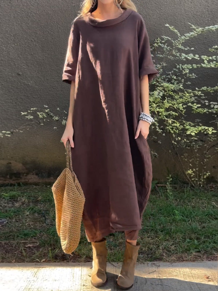 Lässiges Damenkleid aus Baumwolle und Leinen in Unifarbe