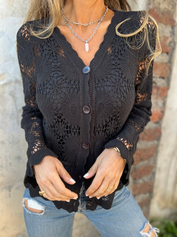 PetalGrace - Buttoned Cutout Embroidered Top