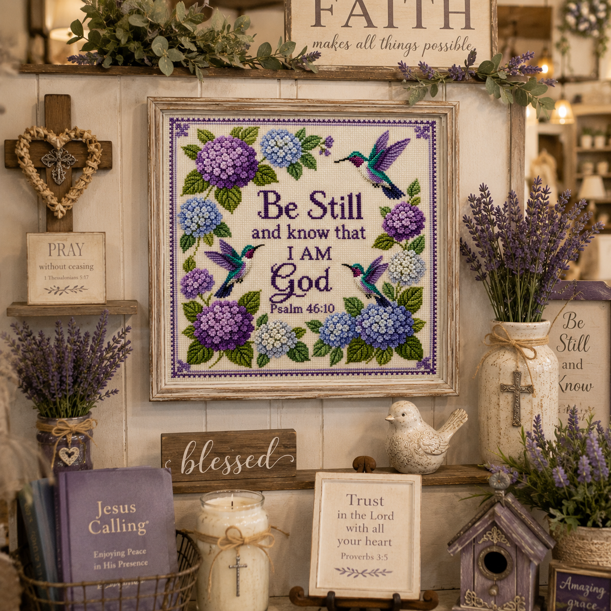 🔥Last Day 49% OFF - Hummingbird Garden Faith Cross Stitch Kit