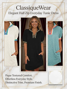 ClassiqueWear – Elegant Half Zip Everyday Tunic Dress