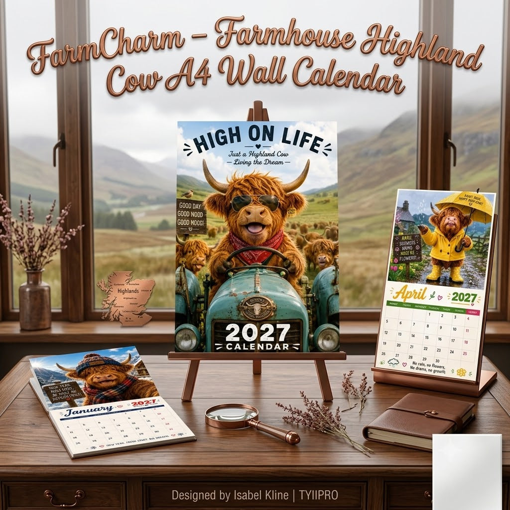 FarmCharm – Farmhouse Highland Cow A4 Wall Calendar
