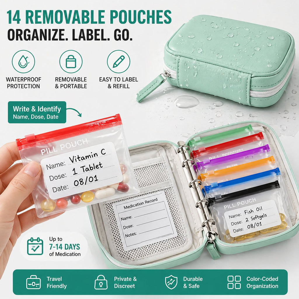🏆Flash Sale⚡Waterproof Pill Organizer Pouch Set – 14 Removable, Color-Coded Bags, Easy to Label & Refill🔥