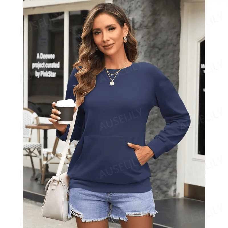 AUSELILY Women's Crewneck Hoodless Sweatshirt With Kangaroo Pocket Fleece Longsleeve Oversized Casual Style Shirt Lightweight Pullover 2026