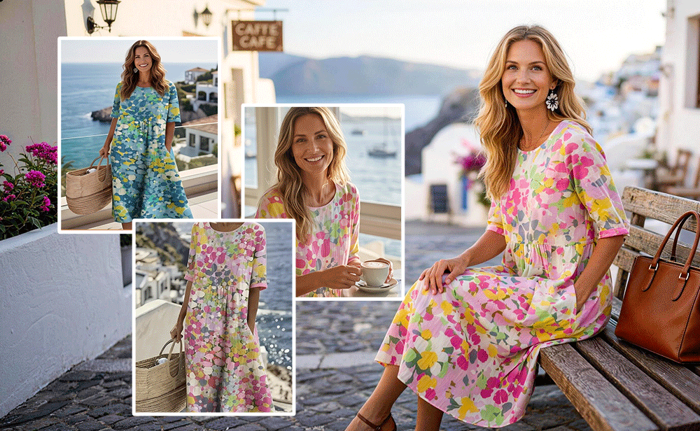 AquaBloom A-Line - Watercolor Midi Dress with Hidden Pockets