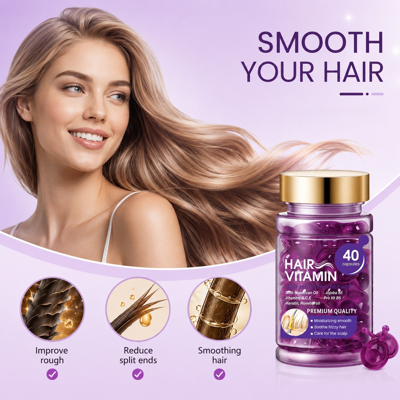 Hair Vitamin Capsules Infused with Violet Vitamins & Argan Oil for Color-Treated & Permed Hair Smooths Frizz Restores Silkiness & Shine 40 Capsules.