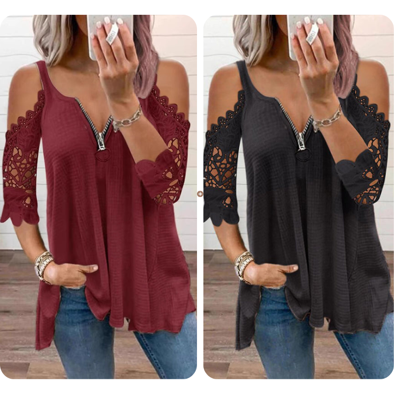 GraceVibe – Elegant Zipper Cold Shoulder Top