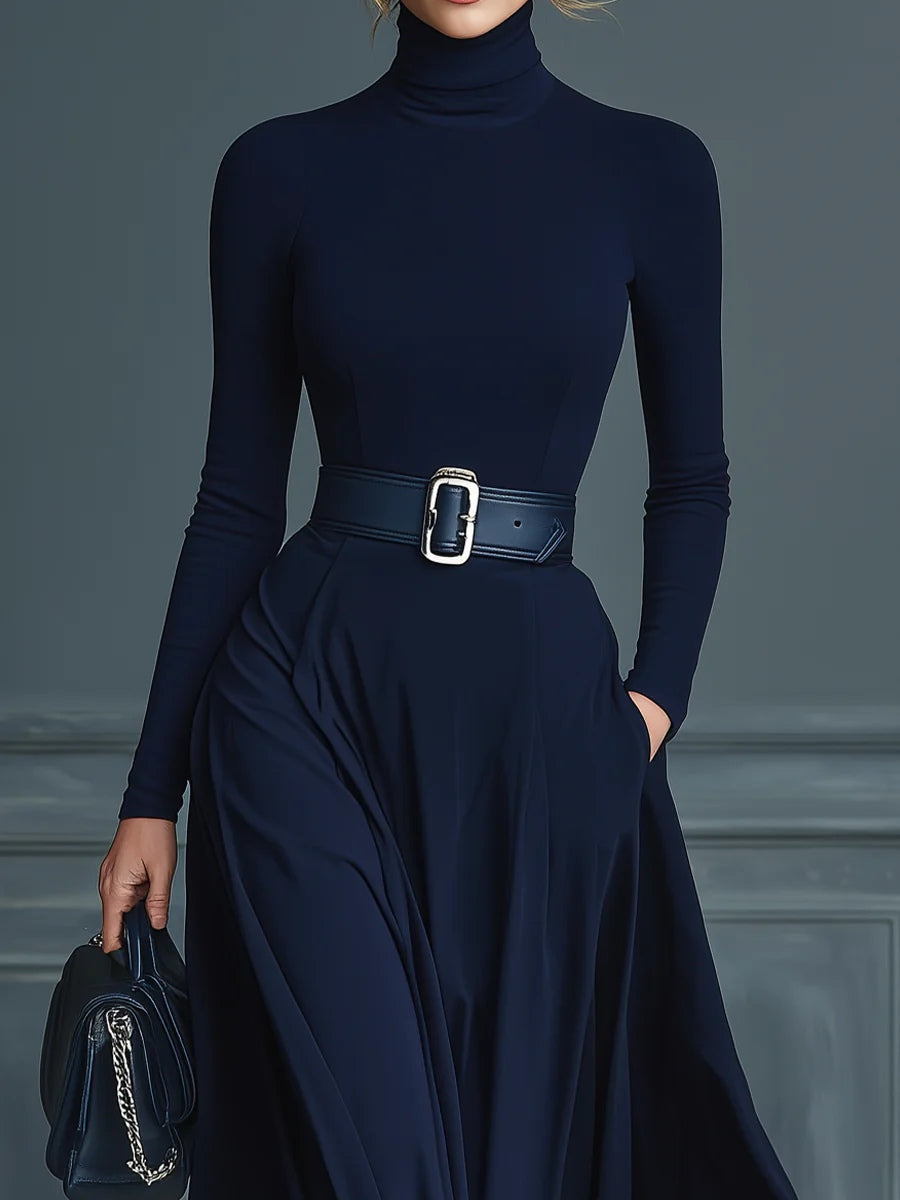 NavyElegance – Knitted High-Neck Dress